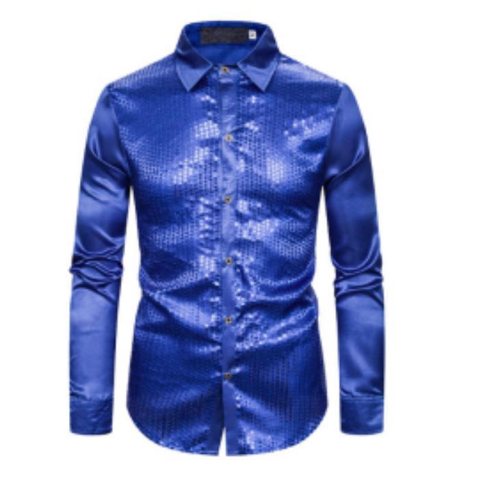 Men's fashion long sleeve shirt with shiny surface and lapel