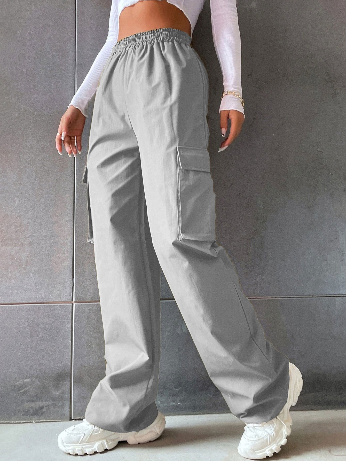Women's fashion solid color high waist flip workwear with pocket pants