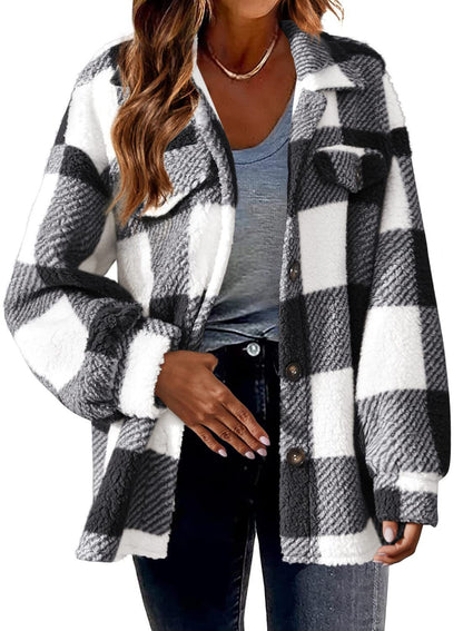 Winter plush coat with checked pocket and buttons