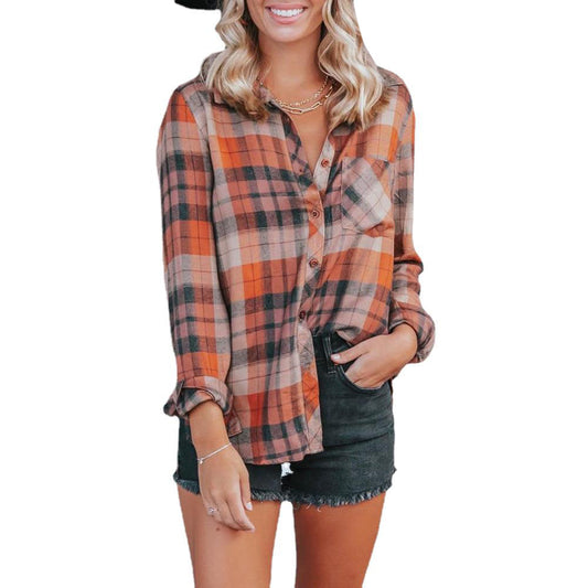 Women's fashion long-sleeved shirt with check pattern