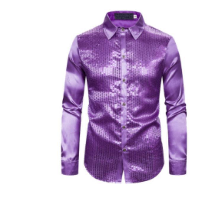 Men's fashion long sleeve shirt with shiny surface and lapel