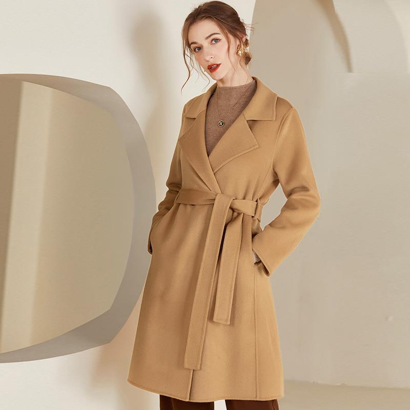 Women's mid-length reversible wool coat with belt