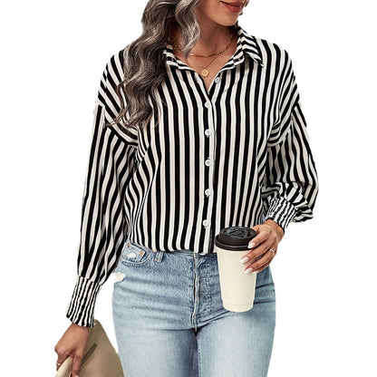 New European and American long-sleeved commuter striped shirt for women