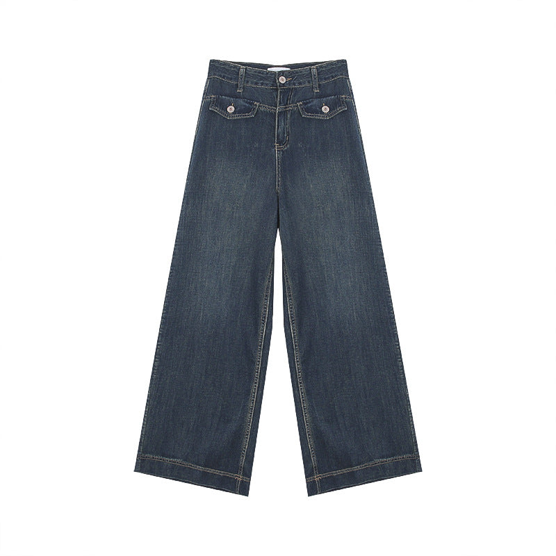 Women's High Waist Slim Retro Faux Pocket Jeans