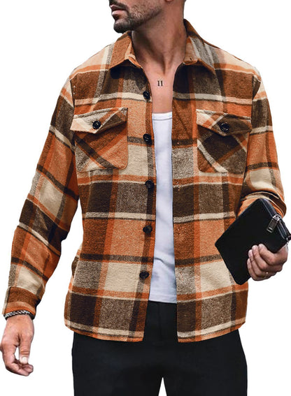 Men's Fashion Simple Plaid Shirt Long Sleeve Button Coat