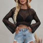Women Wool Knitwear Solid Color Mesh Round Neck Long Sleeve Knitted Sweater