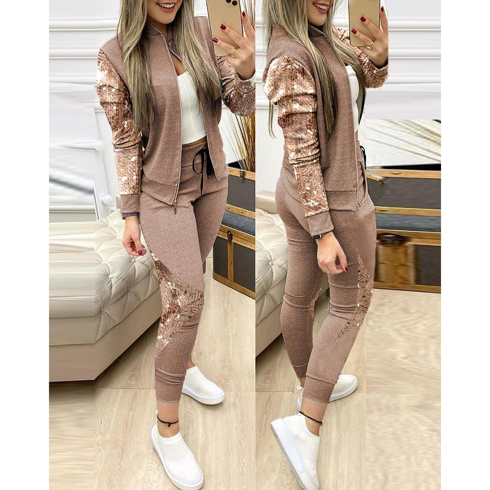 Women Two Piece Set Outfits Autumn Women's Tracksuit Zipper Top And Pants Casual Sport