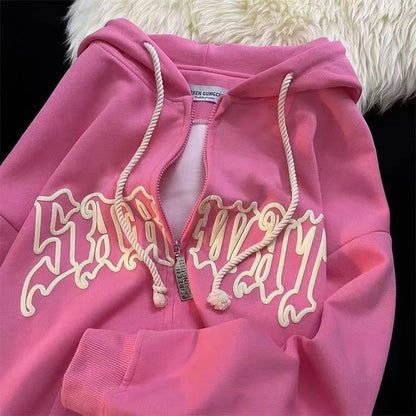 Women Harajuku Retro Long Sleeve Zipper Sweatshirt Female Hip Hop Loose