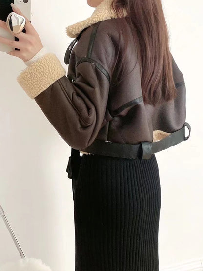 Ailegogo Winter Women Streetwear Faux Lamb Leather Fur Short Jacket with Belt Moto Biker Thick Warm Sheepskin