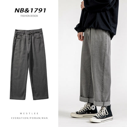 New Korean fashion men's baggy jeans classic unisex man straight denim pants wide leg hip hop bagy light blue gray black