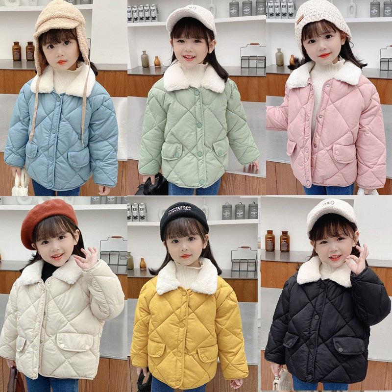 Neue Winter Kinder warme Baumwoll jacken Kaninchen Pelz Kragen Mäntel Baby kurze Stepp jacke