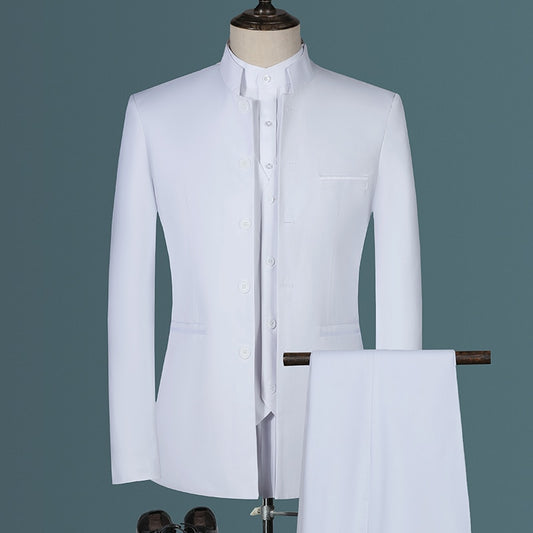 Stand Collar Men Blazer Pants Vest Business Men's Wedding Suit Jacket Coat Trousers Waistcoat High Quality Slim Vest Dress Set