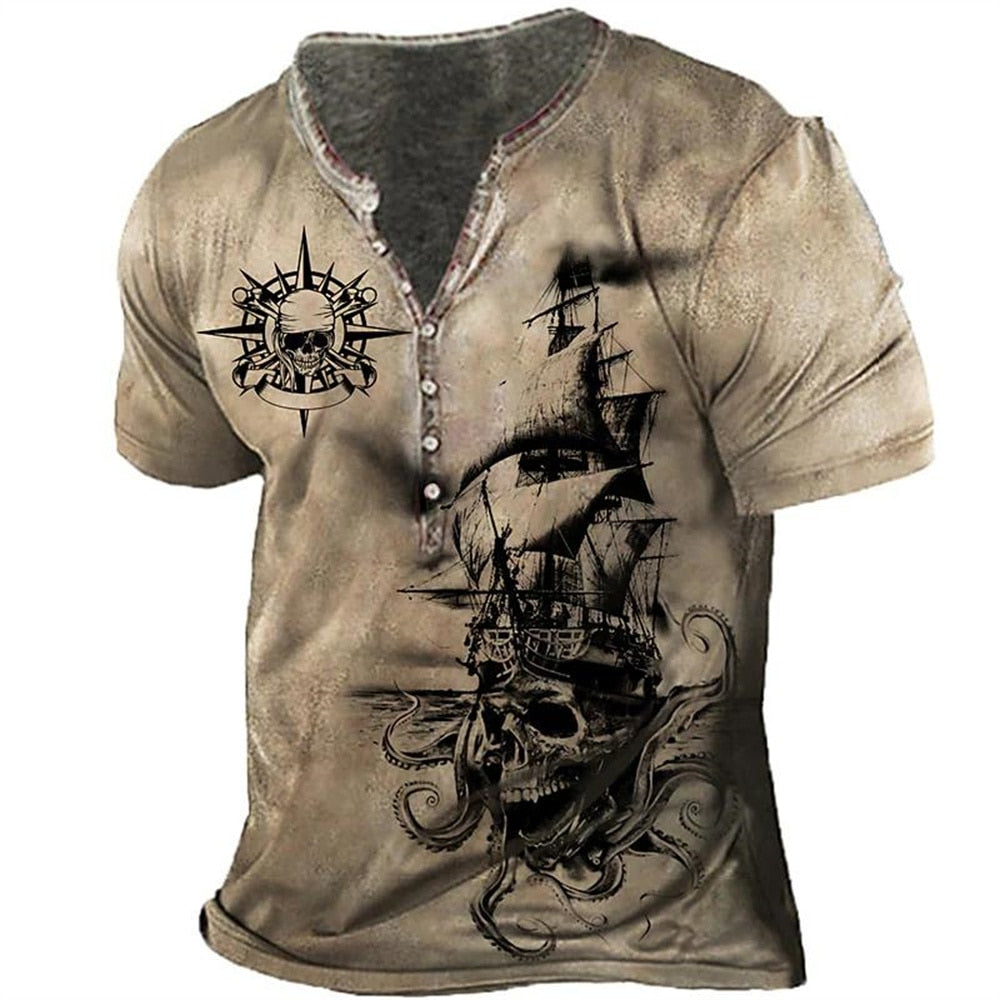 Vintage Men's T-shirts 3D Printed Ship Short Sleeve T-shirt Oversized Navigation Top