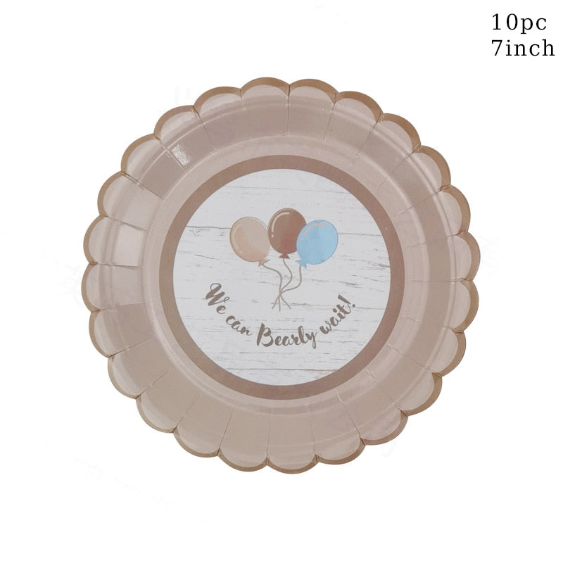 Cute teddy bear baby party disposable tableware sets brown blue napkin plate cup kids baby girl happy birthday party suppli