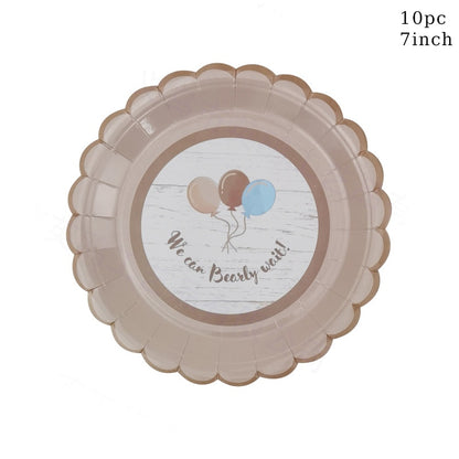 Cute teddy bear baby party disposable tableware sets brown blue napkin plate cup kids baby girl happy birthday party suppli