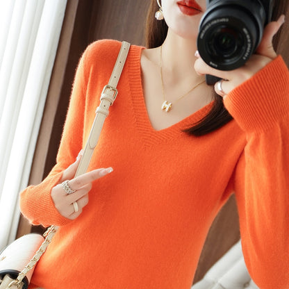 Women's sweater autumn winter knitted sweater V-neck slim fit