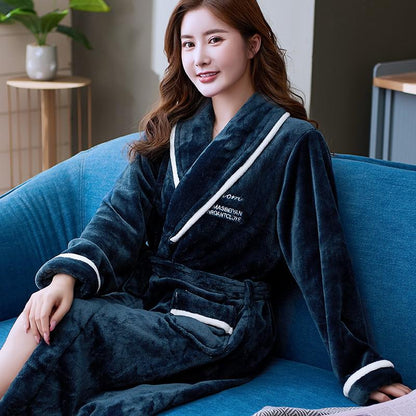 Lovers Coral Fleece Robe Autumn Winter Warm Sleepwear Women Men Thicken Flannel Bathrobe Lounge Nightgown Home Clothes Bigsize