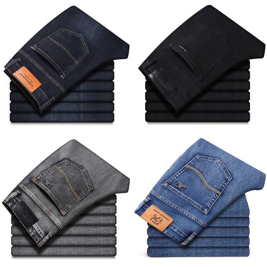 New Men's Stretch Regular Fit Jeans Business Casual Classic Style Fashion Denim Trousers Male Black Blue Gray Pants