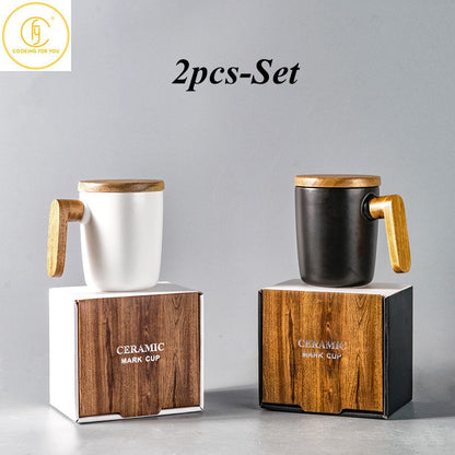 Gift Package Wooden Handle with Cover coffee cup Lovers coffee Mug Ceramic coffee Mug cup set wooden coffee cup