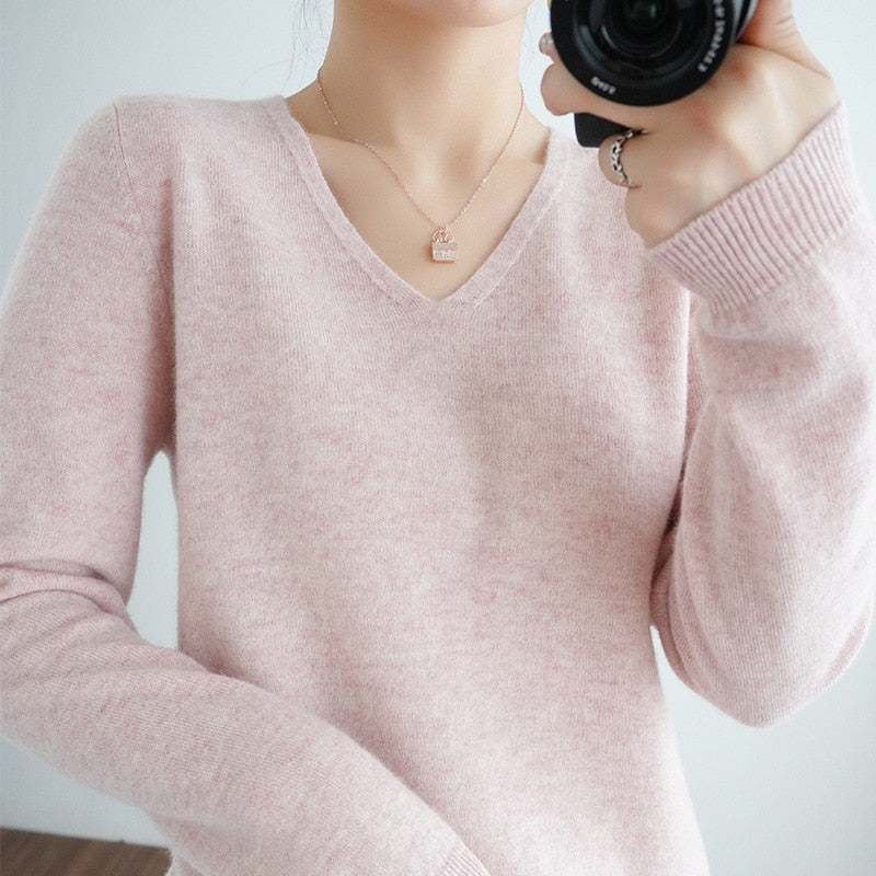 V-neck Knitwear Long Sleeve Loose Cashmere Sweater