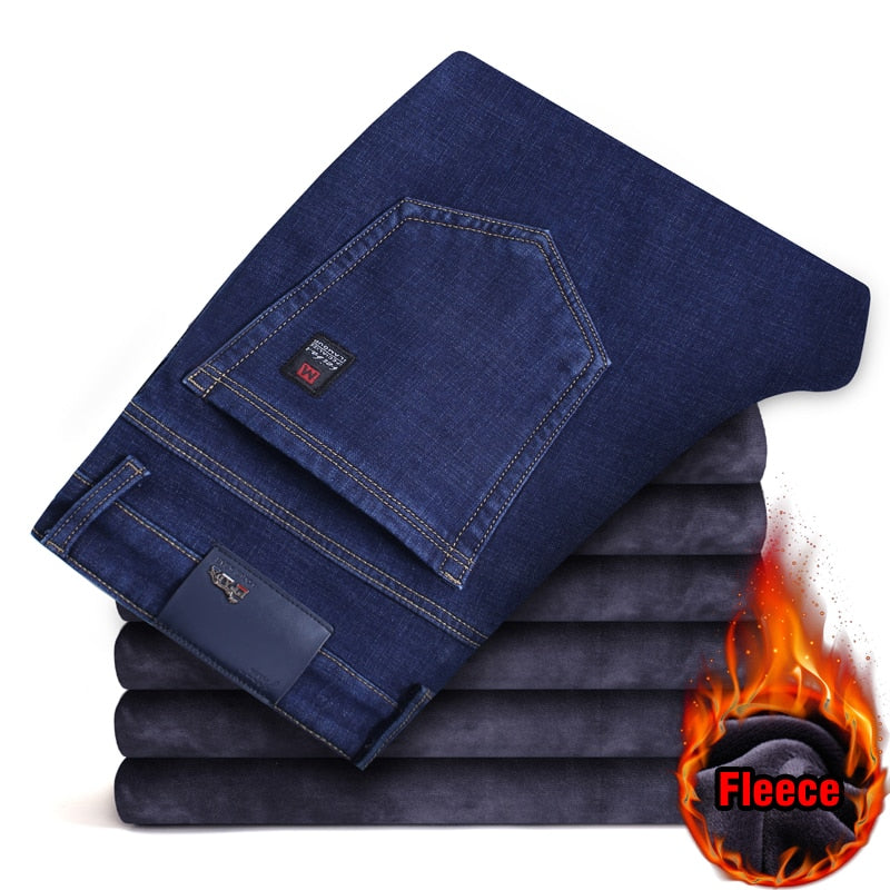 Winter New Men's Fleece Warm Jeans Classic Style Business Casual Thicken Regular Fit Denim Pants Black Blue Brand Trousers