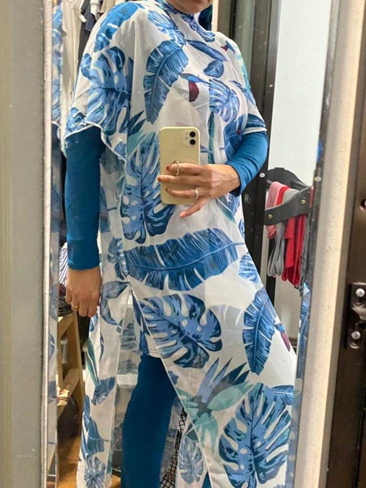 4 Pcs Women's Muslim Swimwear Digital Printed Lslamic Clothing Hijab Long Sleeves Sport Swimsuit Burkinis Wear Bathing Suit 4XL