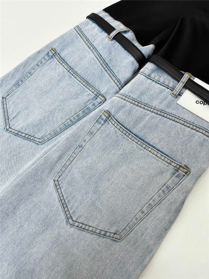 Mode frauen Jeans Hohe Taille Gerade Patchwork PU Leder Schnalle Streetwear Denim Hosen Frühling 2023 Neue Trend 17A2013H