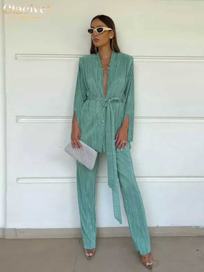 Clacive Autumn Green Pleated Pants Set Bodycon Slit Trosuer Suits Fashion Lace-Up Long Sleeve Blazer