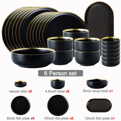 Black Dinnerware Set Ceramic Plates Dishes Plates and Bowls Set Food Plate Salad Soup Bowl Tableware Set for Restaurant