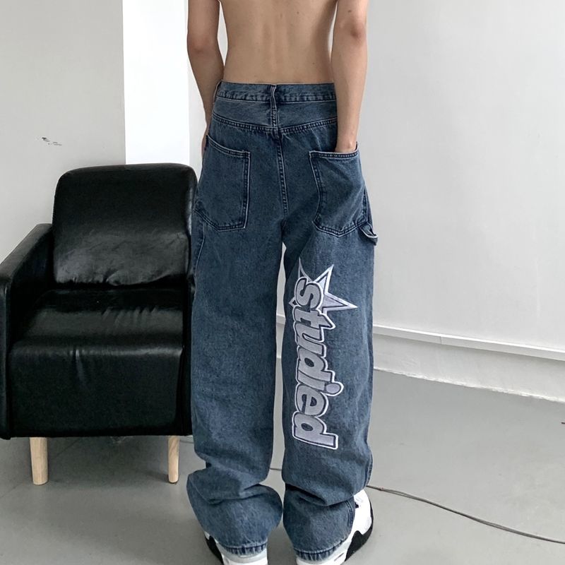 Women Korean Fashion Streetwear Casual Letter Print Straight Wide Leg Pants Baggy Denim Trousers Men Low Rise Jeans Clothes