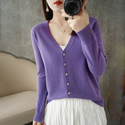 Cardigans Women Autumn Single Breasted Knitted Sweater with V-Neck