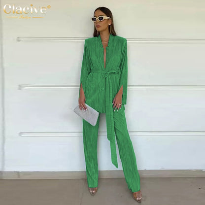 Clacive Autumn Green Pleated Pants Set Bodycon Slit Trosuer Suits Fashion Lace-Up Long Sleeve Blazer