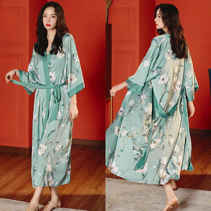 Black Print Flower Long Robe Nightgown Spring Summer Half Sleeve Kimono Bathrobe Gown Women Sexy Rayon Home Dress Loungewear