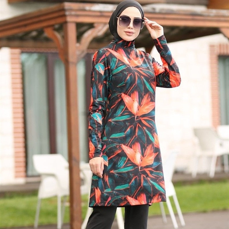 Women Muslim Swimwear Maple Leaf Print Lslamic Clothing Hijab 3 Pcs Long Sleeves Sport Swimsuit Burkinis Bathing Suit Abaya