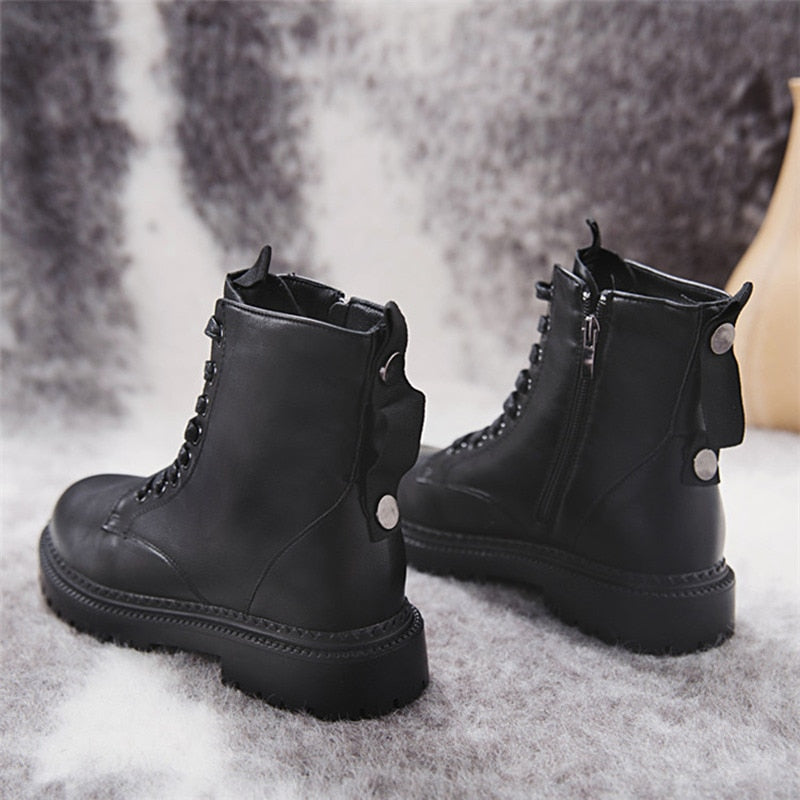 Fashion Zipper Flat Shoes Woman High Heel Platform PU Leather Boots Lace up Women Shoes Ankle Boots Girls 35-40