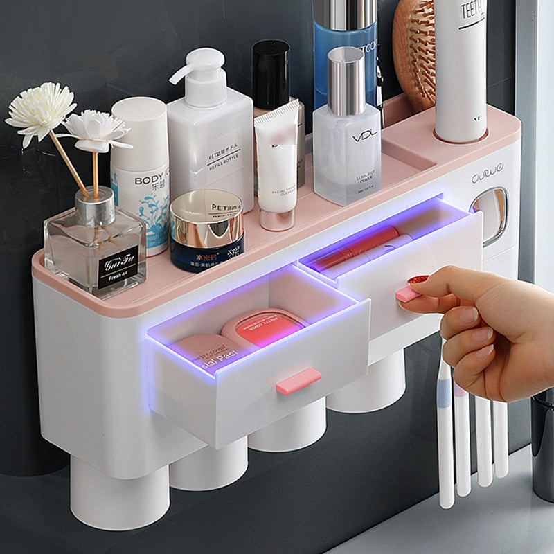 Magnetic Adsorption Inverted Toothbrush Holder Automatic Toothpaste Dispenser With Cup Toothpaste Bathroom Accessories Set