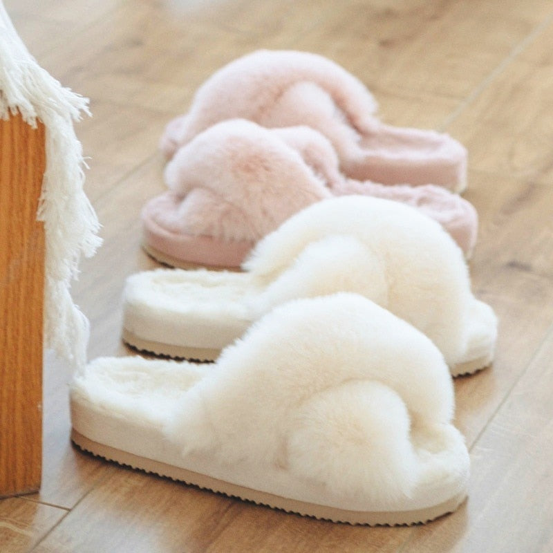 Winter New Women Slipper Soft Rabbit Fur Cross Upper 3cm Heel Platform Fur Warm Indoor Ladies Open Toe Fluffy Home Slippers