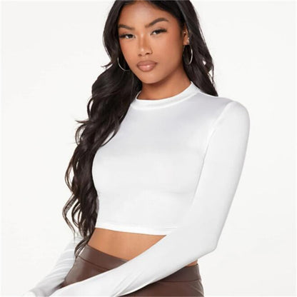 Women Basic Skinny Crop T-Shirt Half High Collar Long Sleeve
