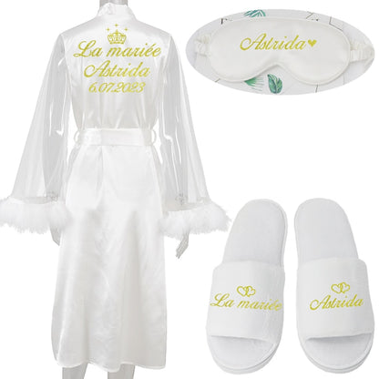 Customize Name Date Wedding Feather Bride Robe Bridesmaid Bathrobe Sleepwear Long Elegant Woman Dress Sexy Nightgown for Party