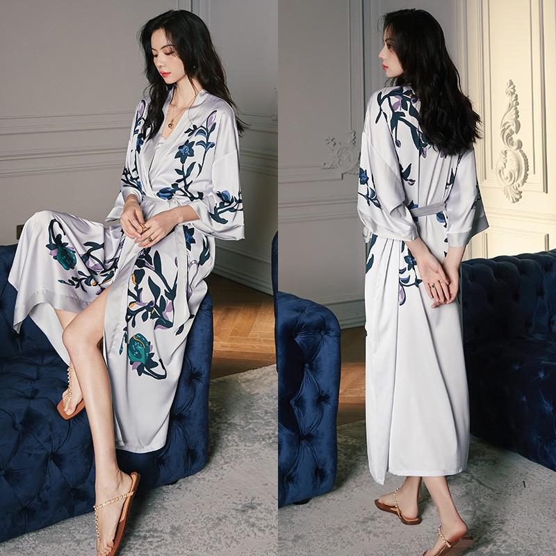 Black Print Flower Long Robe Nightgown Spring Summer Half Sleeve Kimono Bathrobe Gown Women Sexy Rayon Home Dress Loungewear