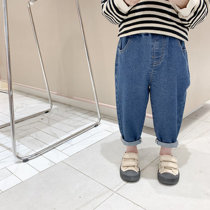 Baby Boy Girl Loose Jeans New Fashion Korean Style Casual Solid Color Jeans Spring Autumn Children's Denim Pants For 1-7 Years