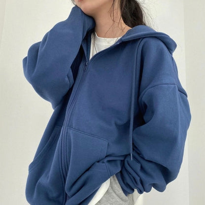 Women Harajuku Zipper Hoodie Vintage Long Sleeve Oversized Solid Color Hoodies