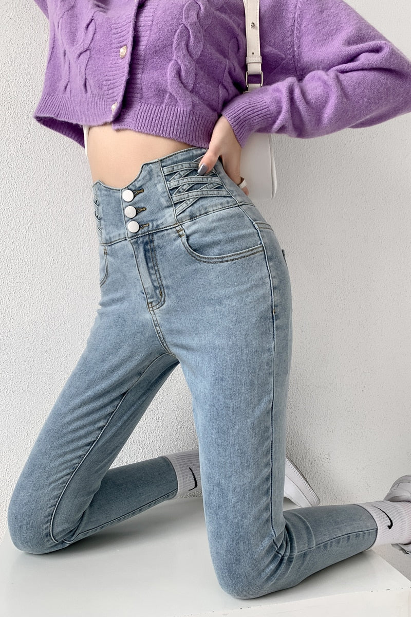 Skinny Pencil Jeans Four Buttons Vintage High Waist Women Slim Stretch Denim Pants Tight Trousers 2022 Women's Pants