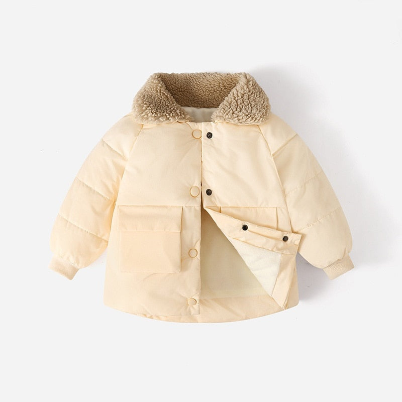 Neue Winter Kinder warme Baumwoll jacken Kaninchen Pelz Kragen Mäntel Baby kurze Stepp jacke