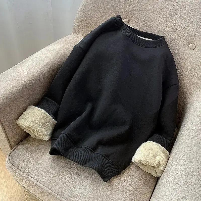 Winter Fleece Thickened Sweatshirts Male Retro Casual O-neck Long Sleeve Hoodie Tops