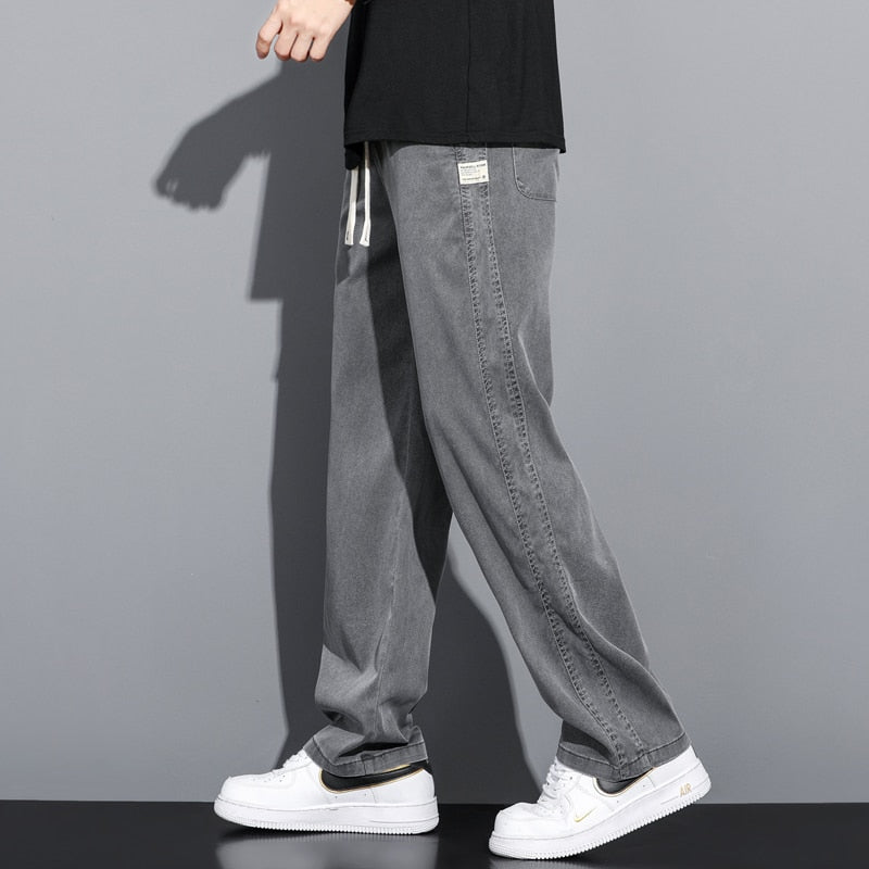 Summer Soft Lyocell Fabric Men's Jeans Thin Loose Straight Pants Drawstring Elastic Waist Korea Casual Trousers Plus Size M-5XL