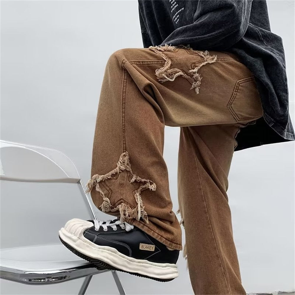 new fashion stars towel embroidery brown baggy men jeans pants y2k clothes straight hip hop cotton trousers pantalon homme