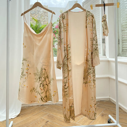 Print 2 stücke Robe Schlaf anzug Frauen Braut Kimono Bademantel Kleid Dessous Satin V-Ausschnitt Nachtwäsche Riemen Nachthemd Lounge wear