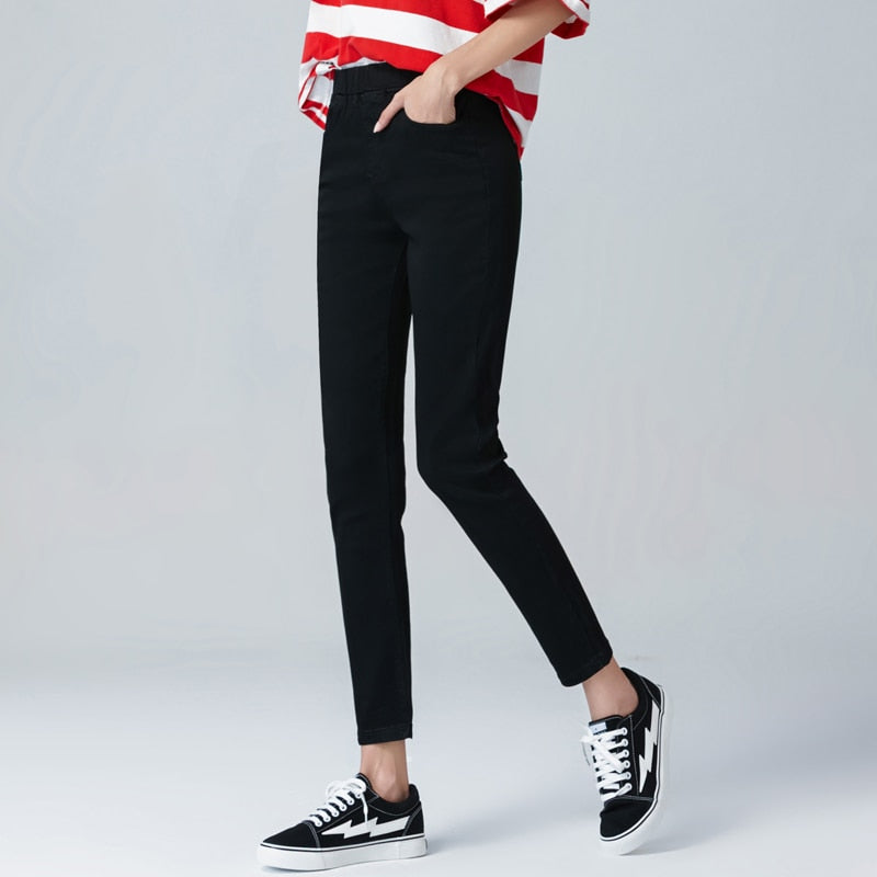 Women Elastic High Waist Skinny Jeans Fashion Women Black Blue Pocket Mom Jeans Slim fit Stretch Denim Pants