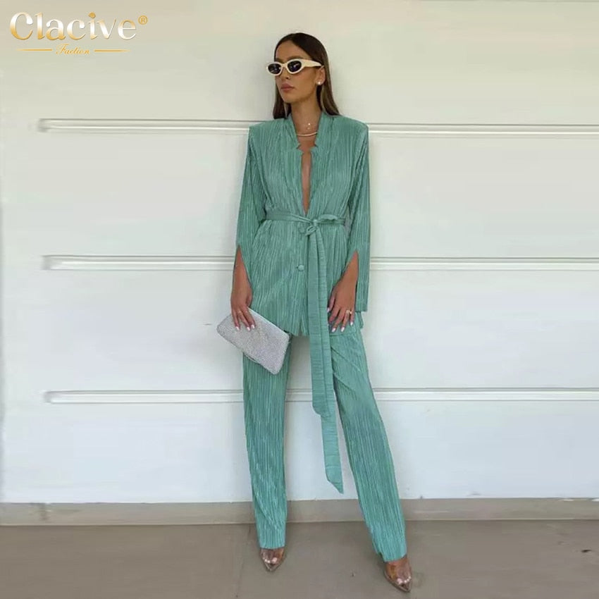 Clacive Autumn Green Pleated Pants Set Bodycon Slit Trosuer Suits Fashion Lace-Up Long Sleeve Blazer